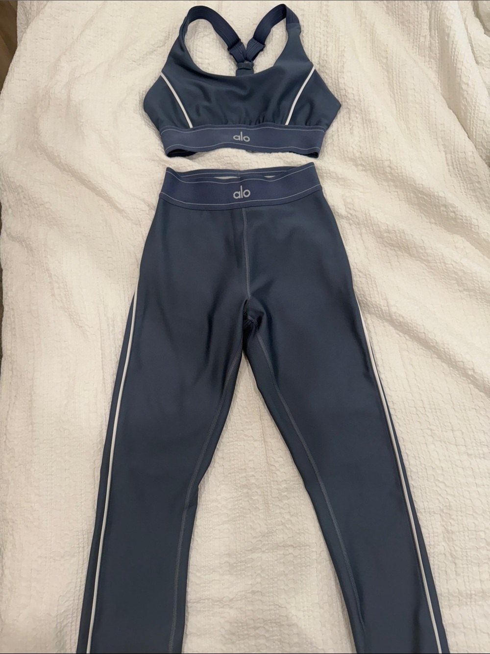 ALO Yoga Slate Blue Leggings with White Side Stripe